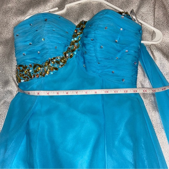 Tiffany Designs Bright Light Blue & Gold One Shoulder Maxi Formal Prom Dress - Picture 3 of 12